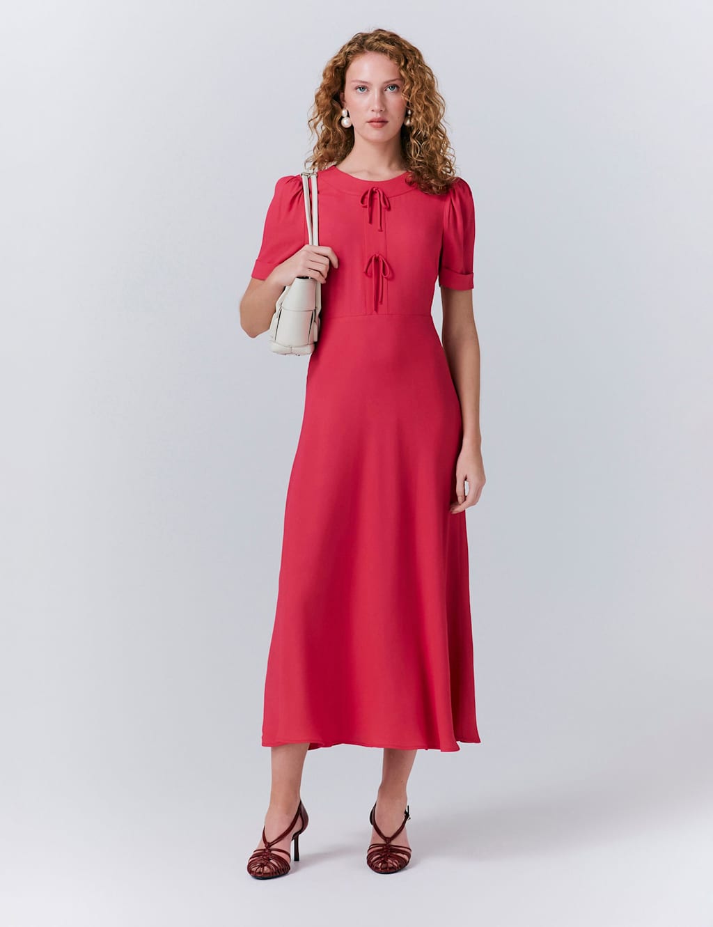 Crepe Bow Detail Puff Sleeve Midi Tea Dress