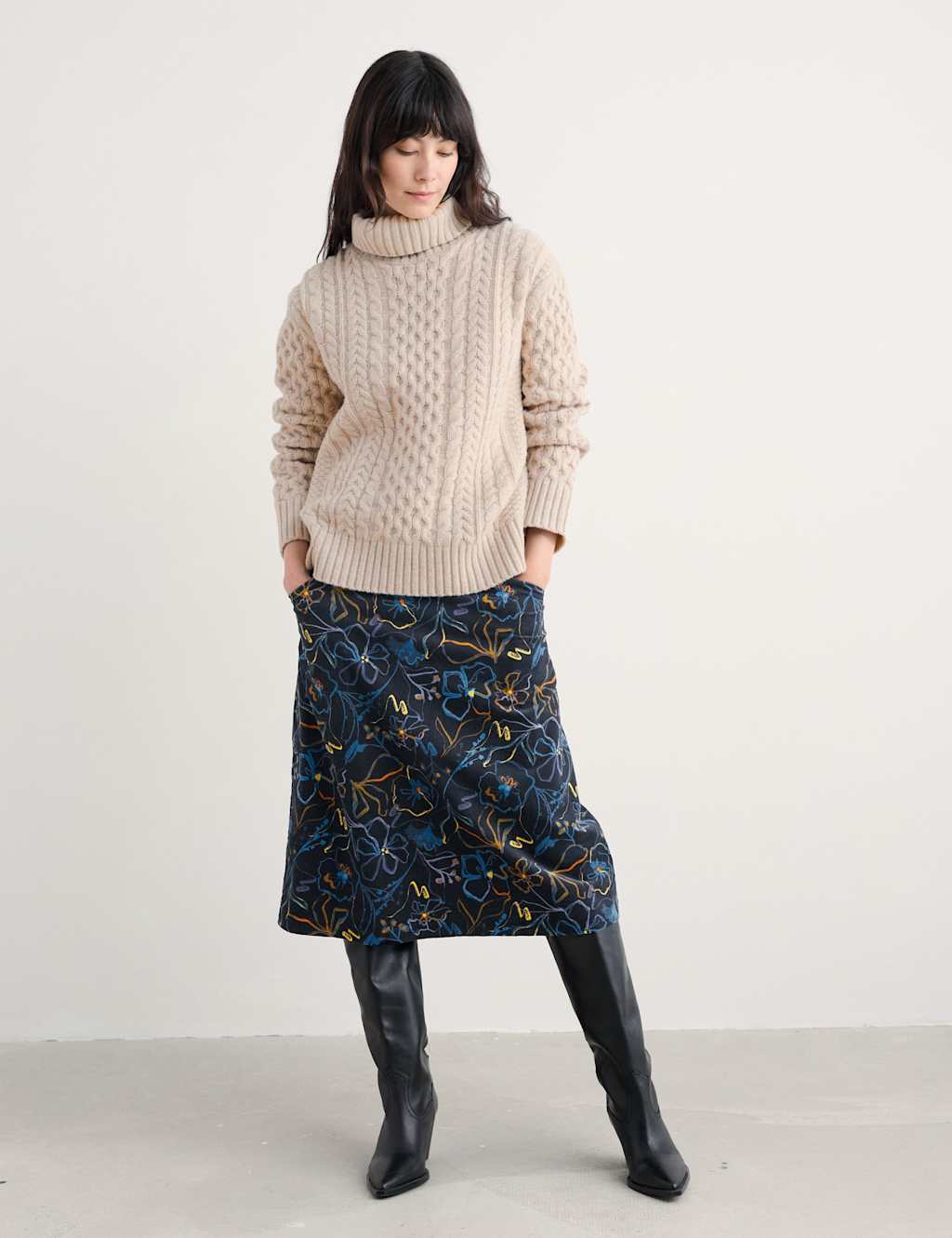 Seasalt Cornwall Pure Cotton Floral Midi A-Line Skirt Navy Mix