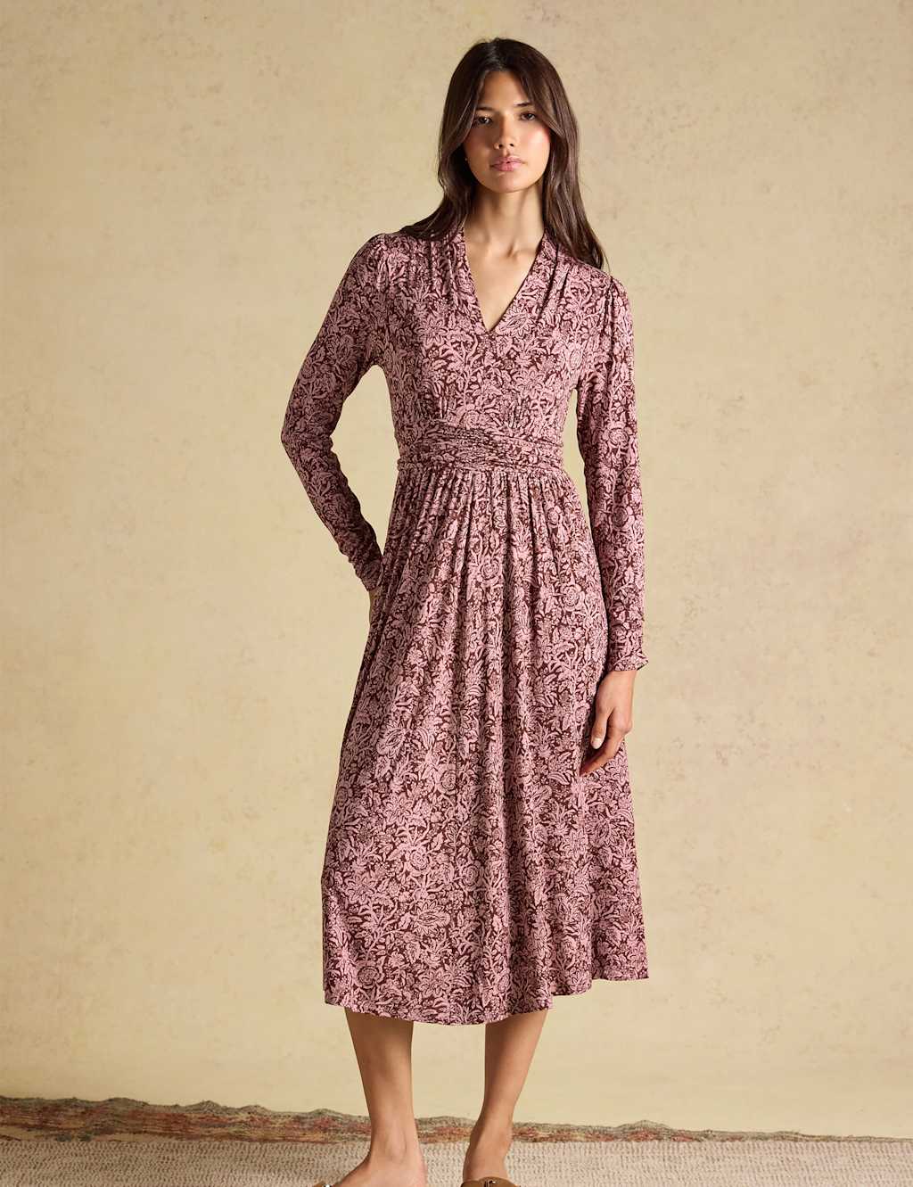 Joules Women's Jersey Floral V-Neck Midi Tea Dress - 10 - Brown Mix - Available at M&S
