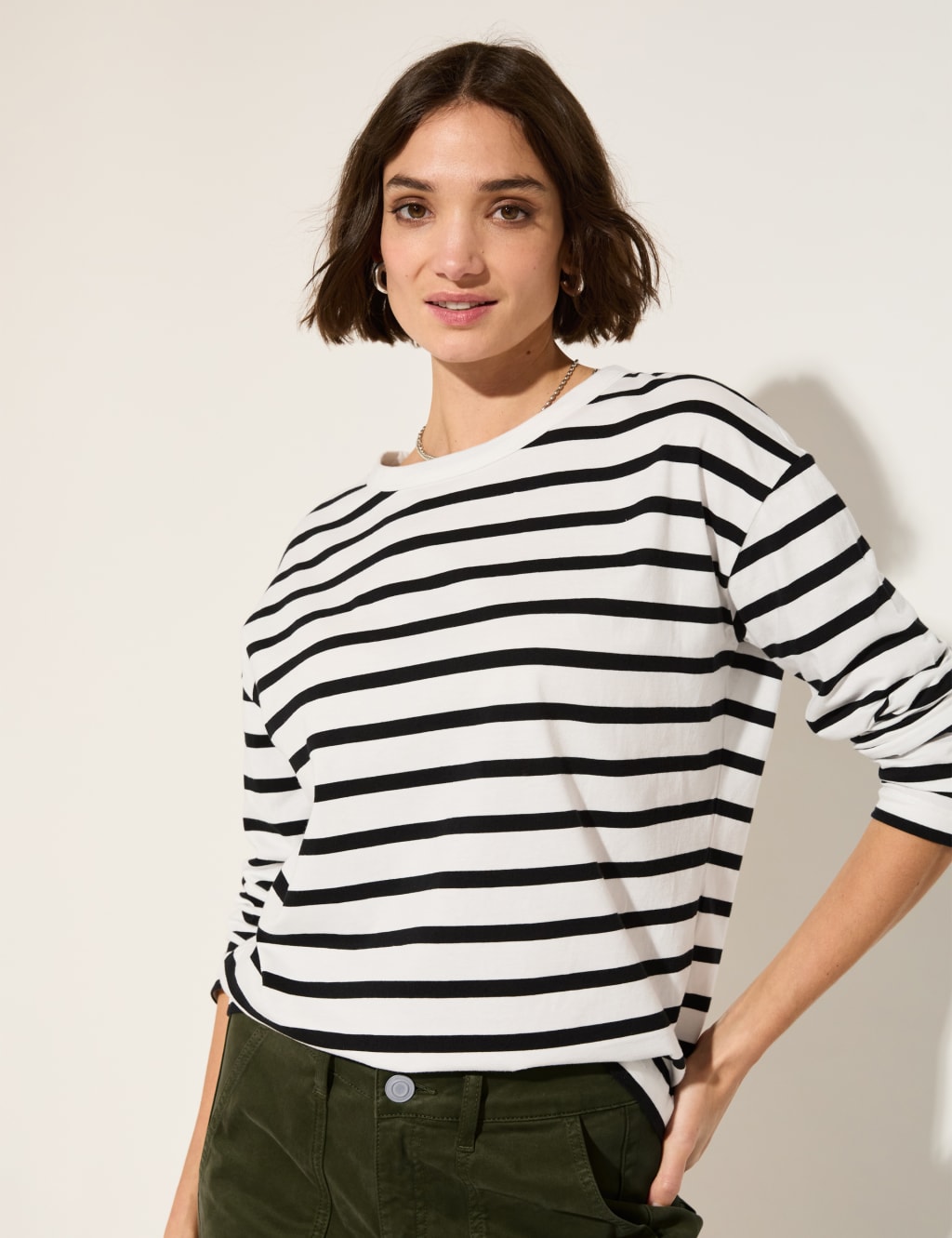 Pure Cotton Striped Crew Neck Relaxed Top