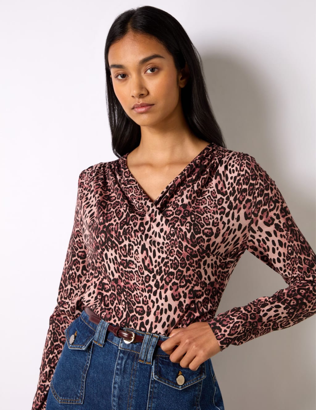 Jersey Animal Print V-Neck Wrap Detail Top