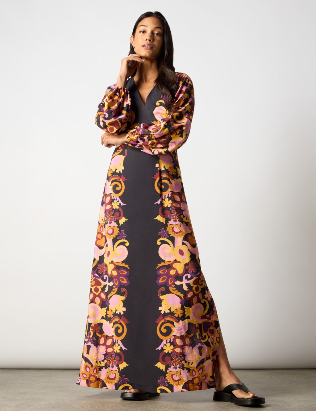 Floral V-Neck Blouson Sleeve Maxi Waisted Dress