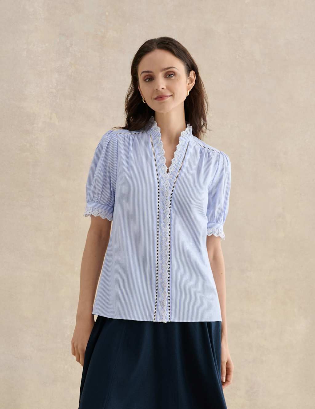 Hobbs Women's Cotton Blend Striped Broderie Detail Blouse - 8 - Blue Mix - Available at M&S