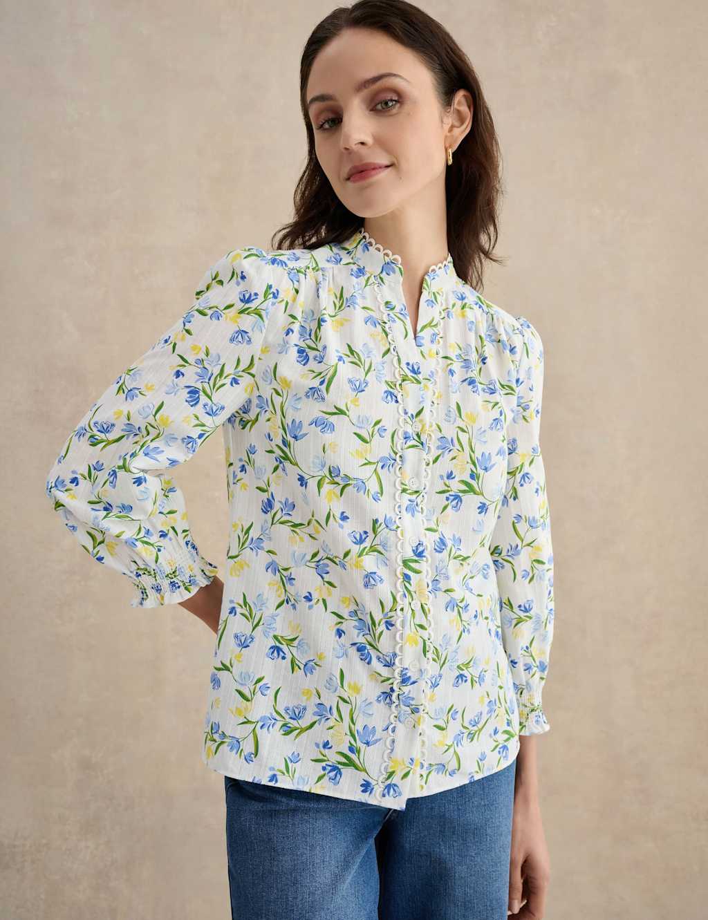 Hobbs Women's Pure Cotton Floral V-Neck Blouse - 12 - White Mix - Available at M&S