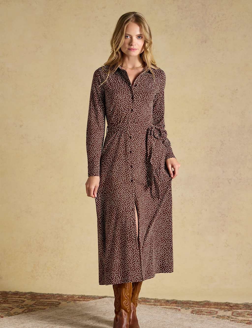 Joules Women's Cotton Rich Polka Dot Midi Shirt Dress - 10 - Brown Mix - Available at M&S