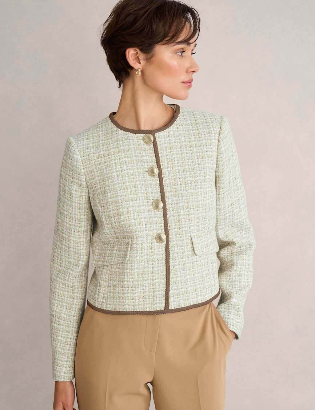 Hobbs Women's Cotton Rich Tweed Cropped Jacket - 10 - Brown - Available at M&S