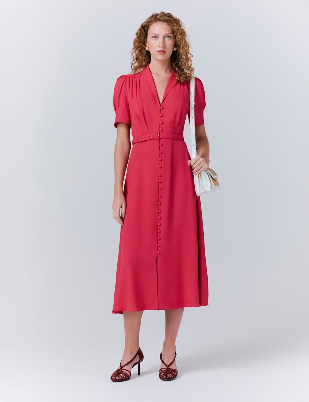 V-Neck Belted Button Through Midi Tea Dress
