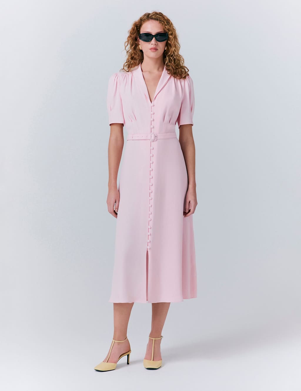 V-Neck Belted Button Through Midi Tea Dress