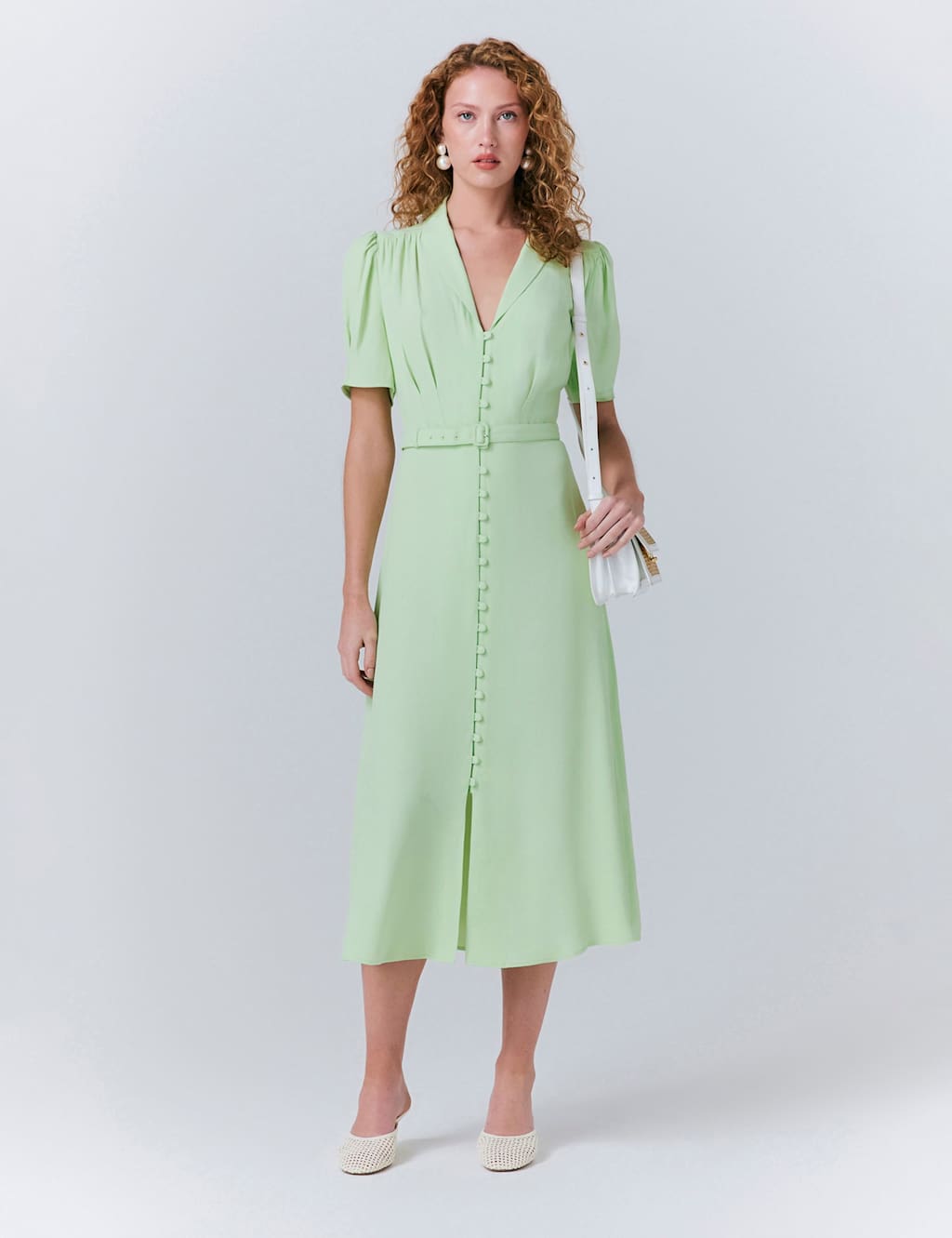 V-Neck Belted Button Through Midi Tea Dress