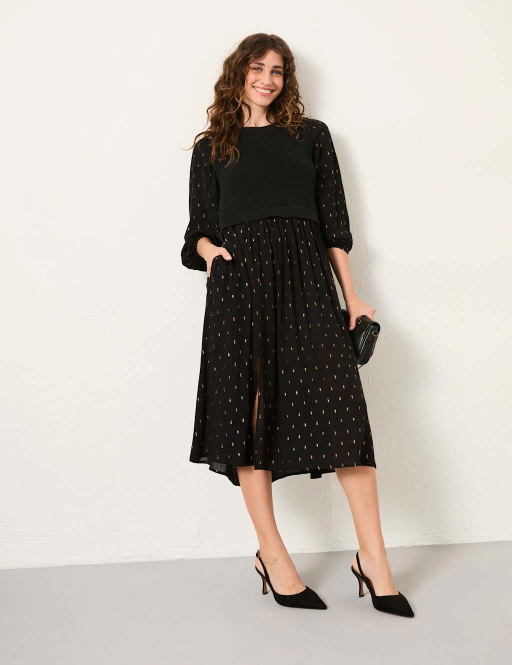 FatFace Metallic Printed Midi Jumper Dress Black Mix