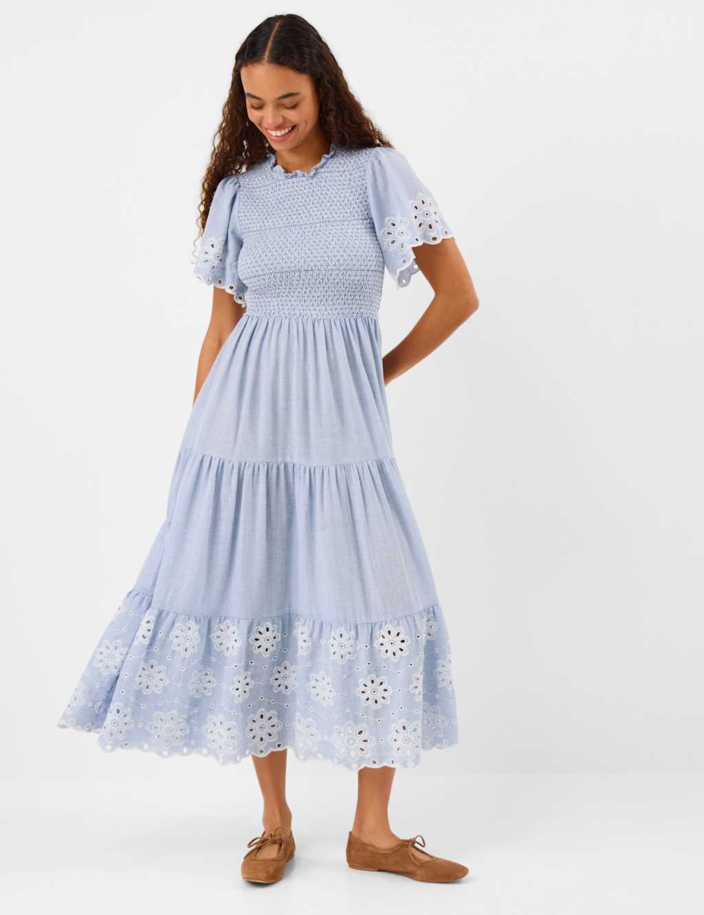 Accessorize Women's Pure Cotton Cutwork Midi Shirred Dress - Small - Blue - Available at M&S