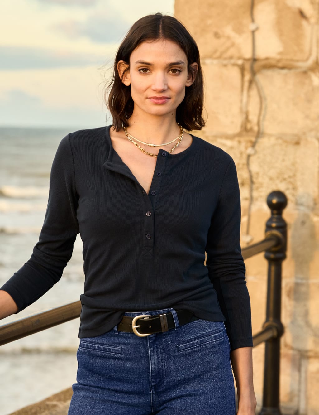 Cotton Blend Round Neck Henley Top