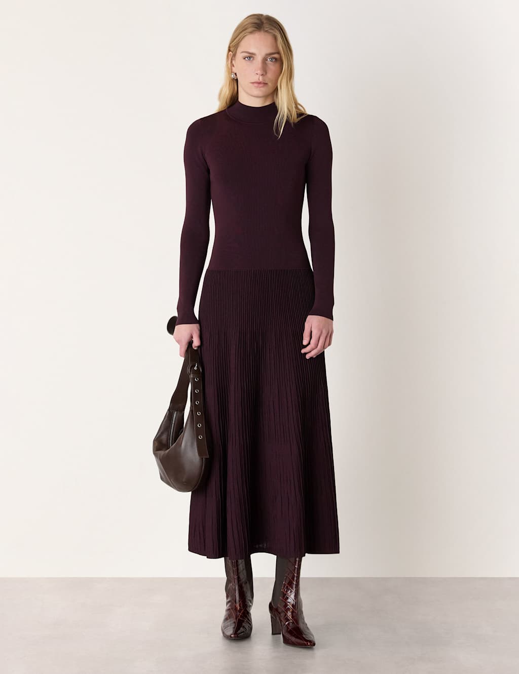 Whistles Women's Funnel Neck Pleated Midaxi Jumper Dress - 12 - Plum - Available at M&S