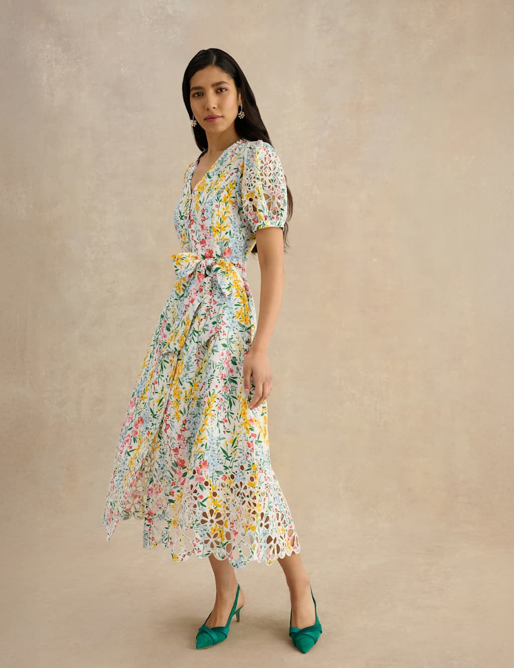 Hobbs Women's Linen Blend Floral Midi Tea Dress - 20 - White Mix - Available at M&S