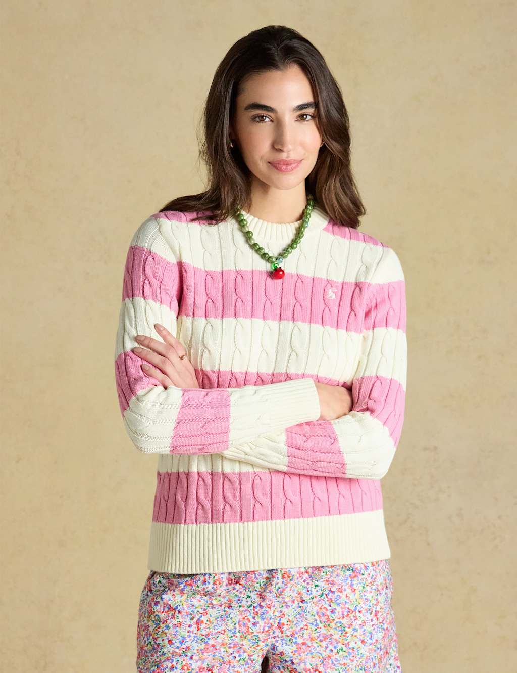 Joules Women's Pure Cotton Striped Cable KnitJumper - 6 - Pink Mix - Available at M&S