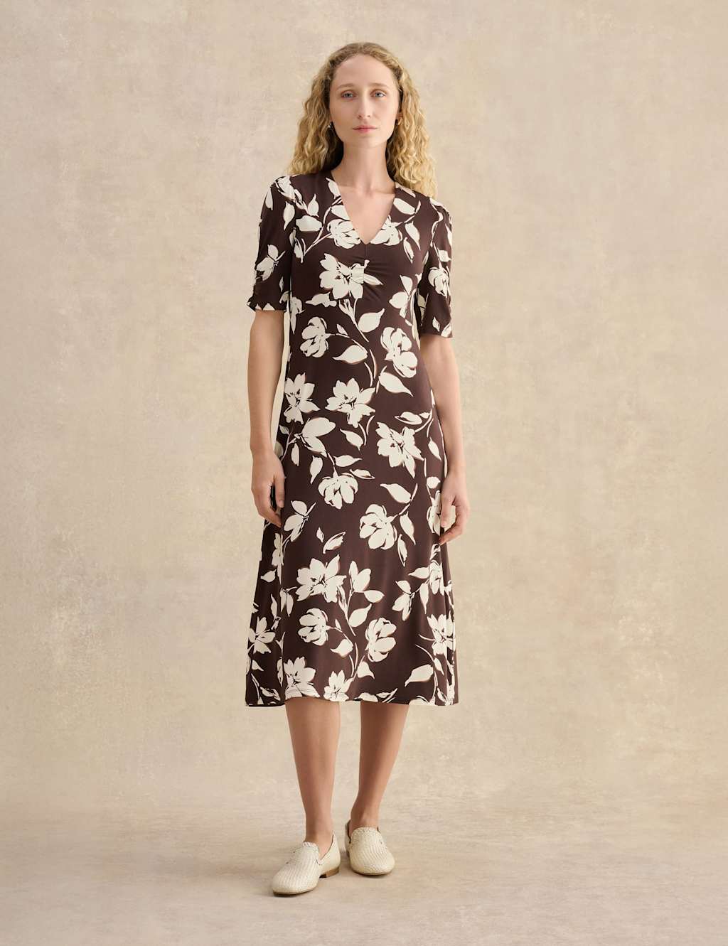 Hobbs Women's Jersey Floral V-Neck Skater Dress - 10 - Brown Mix - Available at M&S