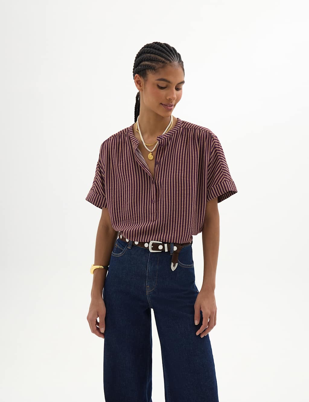 Hush Women's Striped Crew Neck Button Front Blouse - Small - Red Mix - Available at M&S
