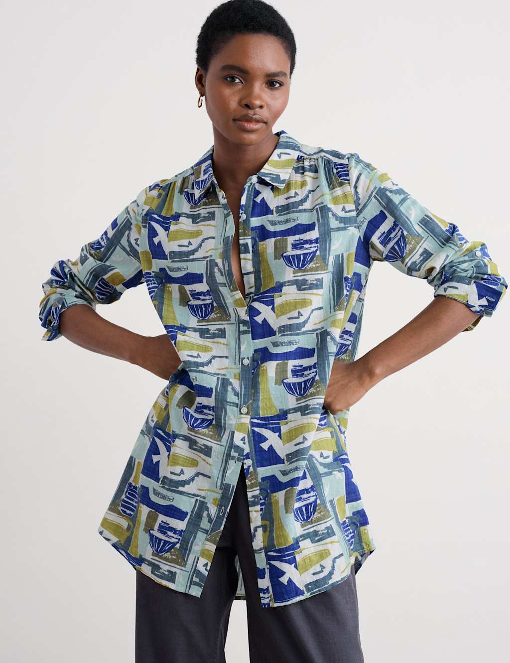 Seasalt Cornwall Cotton Rich Printed Collared Shirt Green Mix