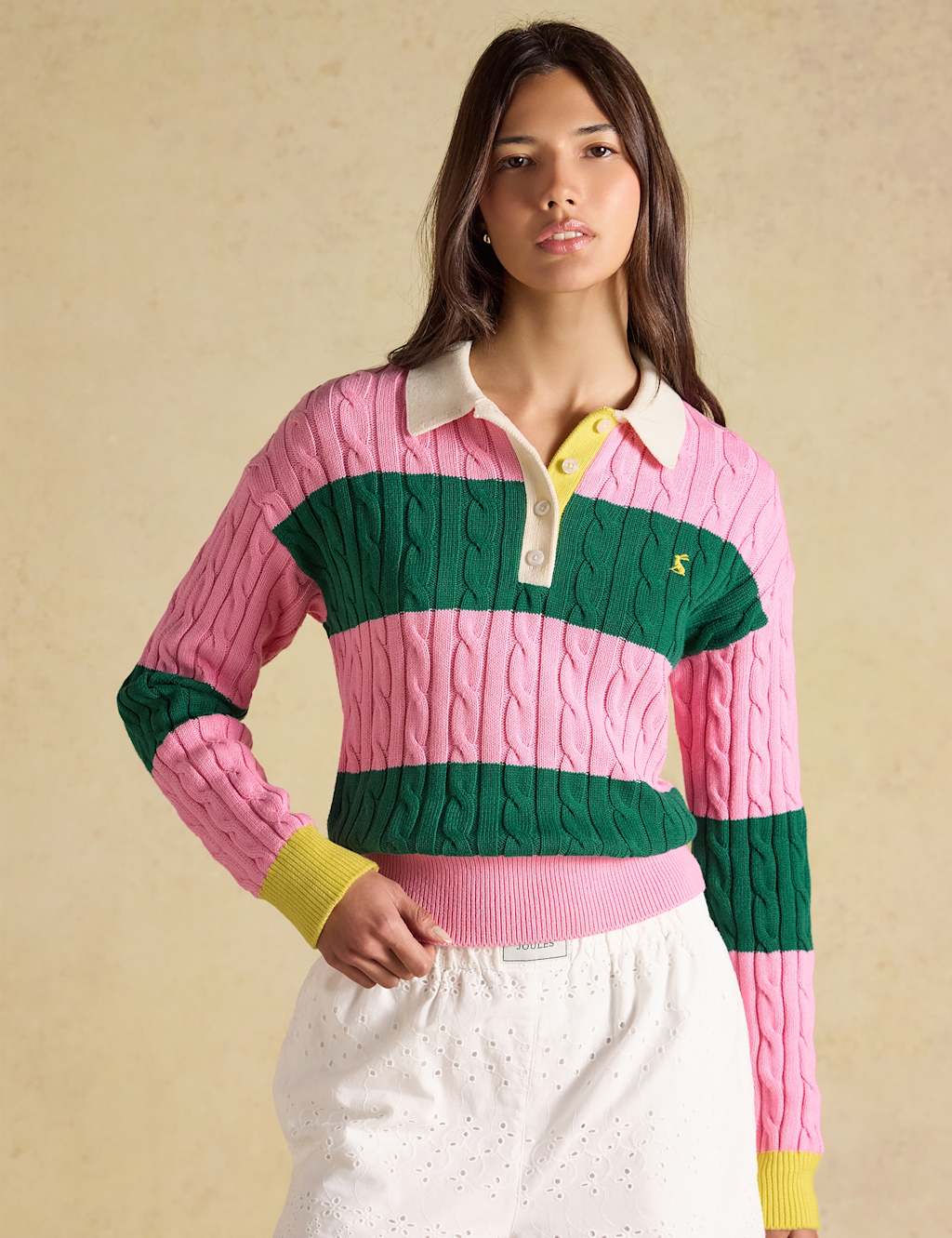 Joules Women's Pure Cotton Striped Cable Knit Rugby Jumper - Medium - Pink Mix - Available at M&S