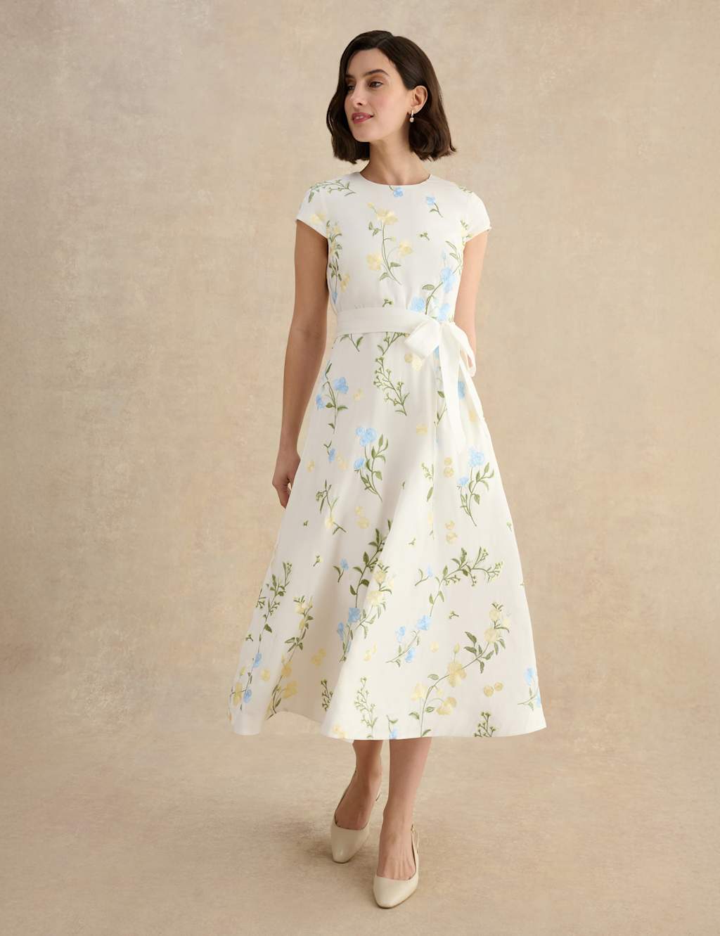 Hobbs Women's Linen Rich Floral Midi Waisted Dress - 10 - White Mix - Available at M&S