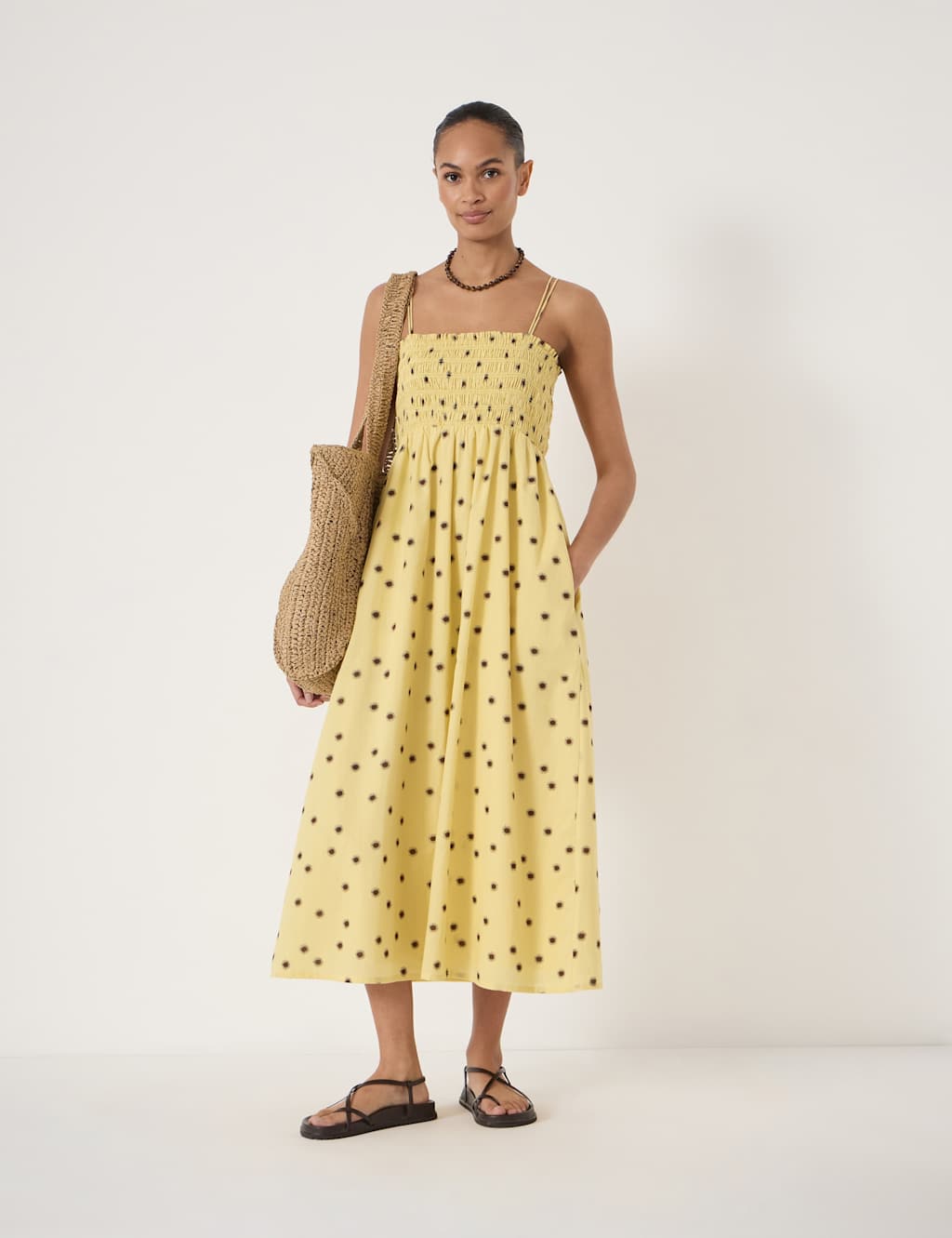 Hush Women's Pure Cotton Printed Square Neck Midaxi Dress - Small-Medium - Yellow Mix - Available at M&S