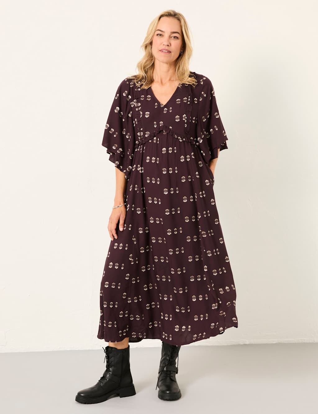 FatFace Metallic Printed V-Neck Midi Smock Dress Purple Mix