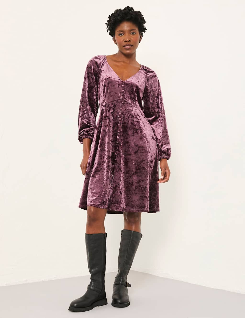 FatFace Velvet Textured V-Neck Mini Skater Dress Dark Purple