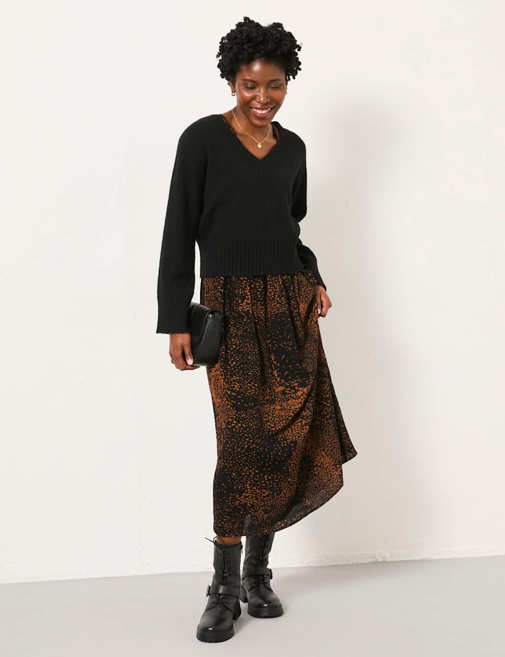 FatFace Animal Print Midi Slip Dress with Jumper Black Mix