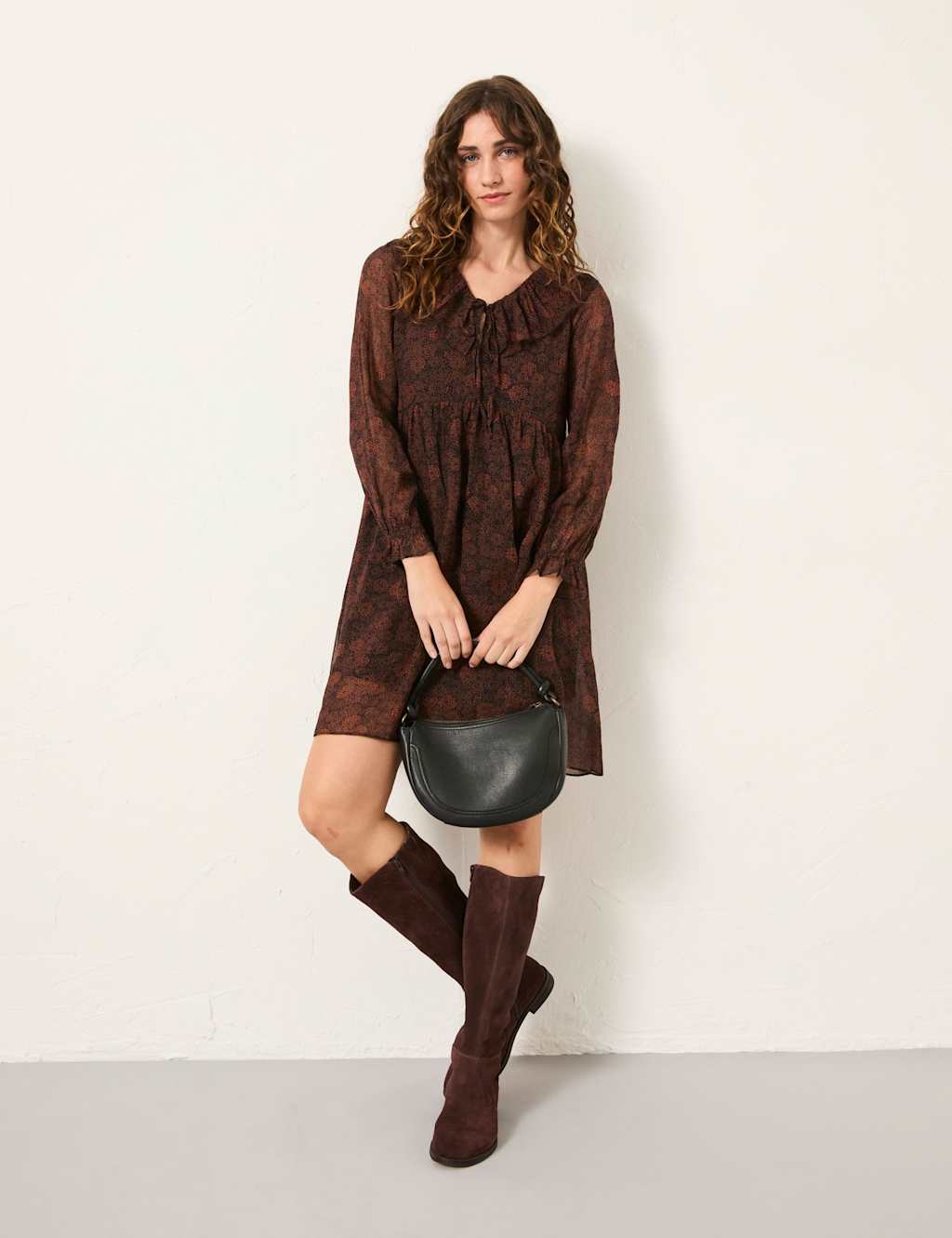 FatFace Floral Tie Neck Mini Smock Dress Black Mix