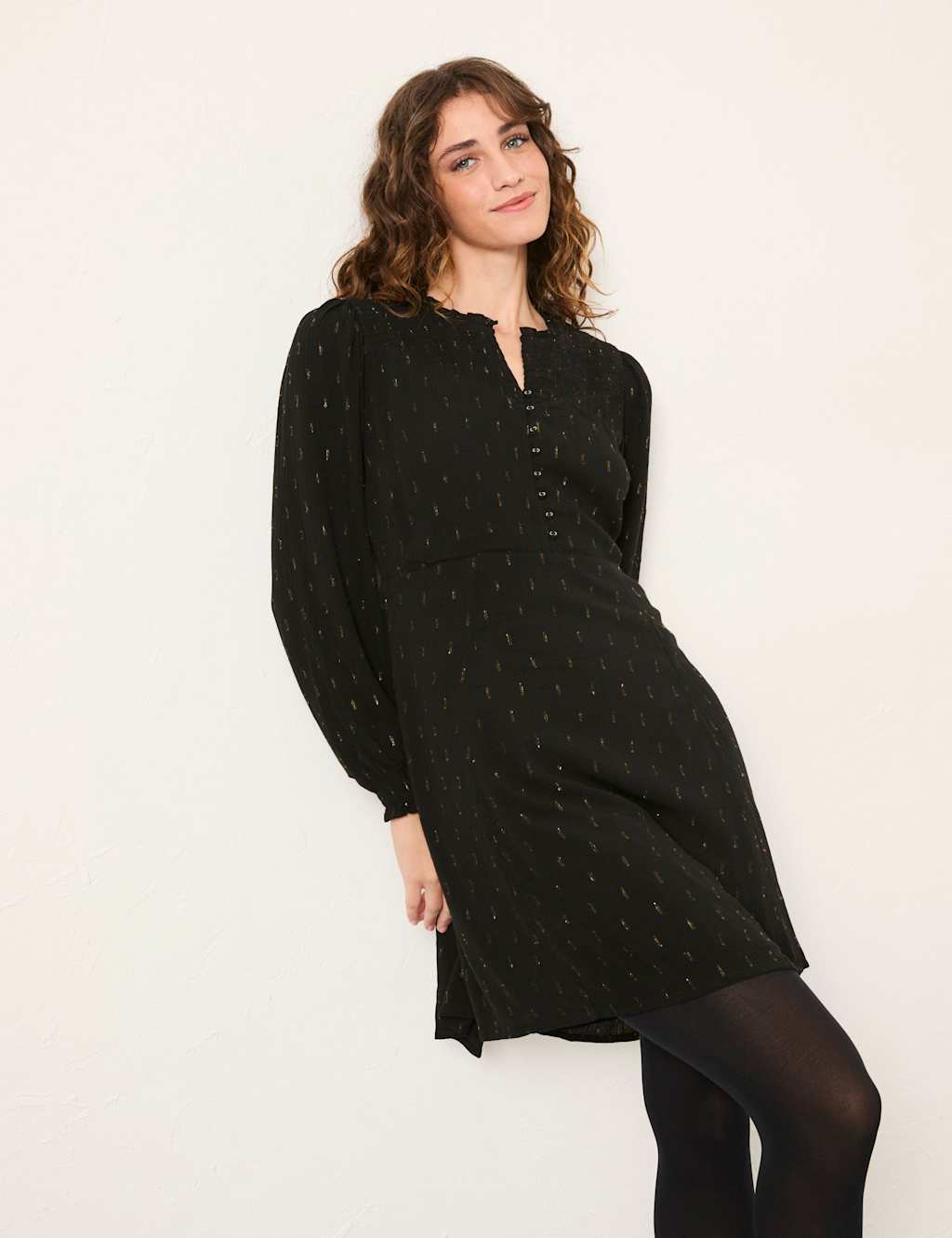 FatFace Embellished Metallic V-Neck Mini Shift Dress Black Mix