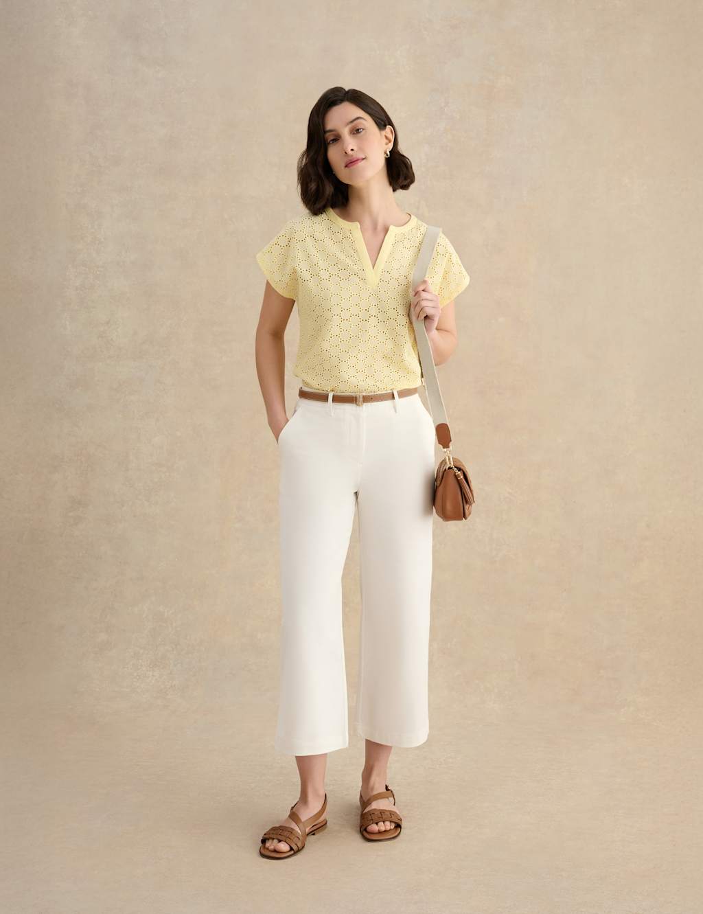 Hobbs Women's Cotton Blend Broderie Notch Neck Top - Small - Yellow - Available at M&S