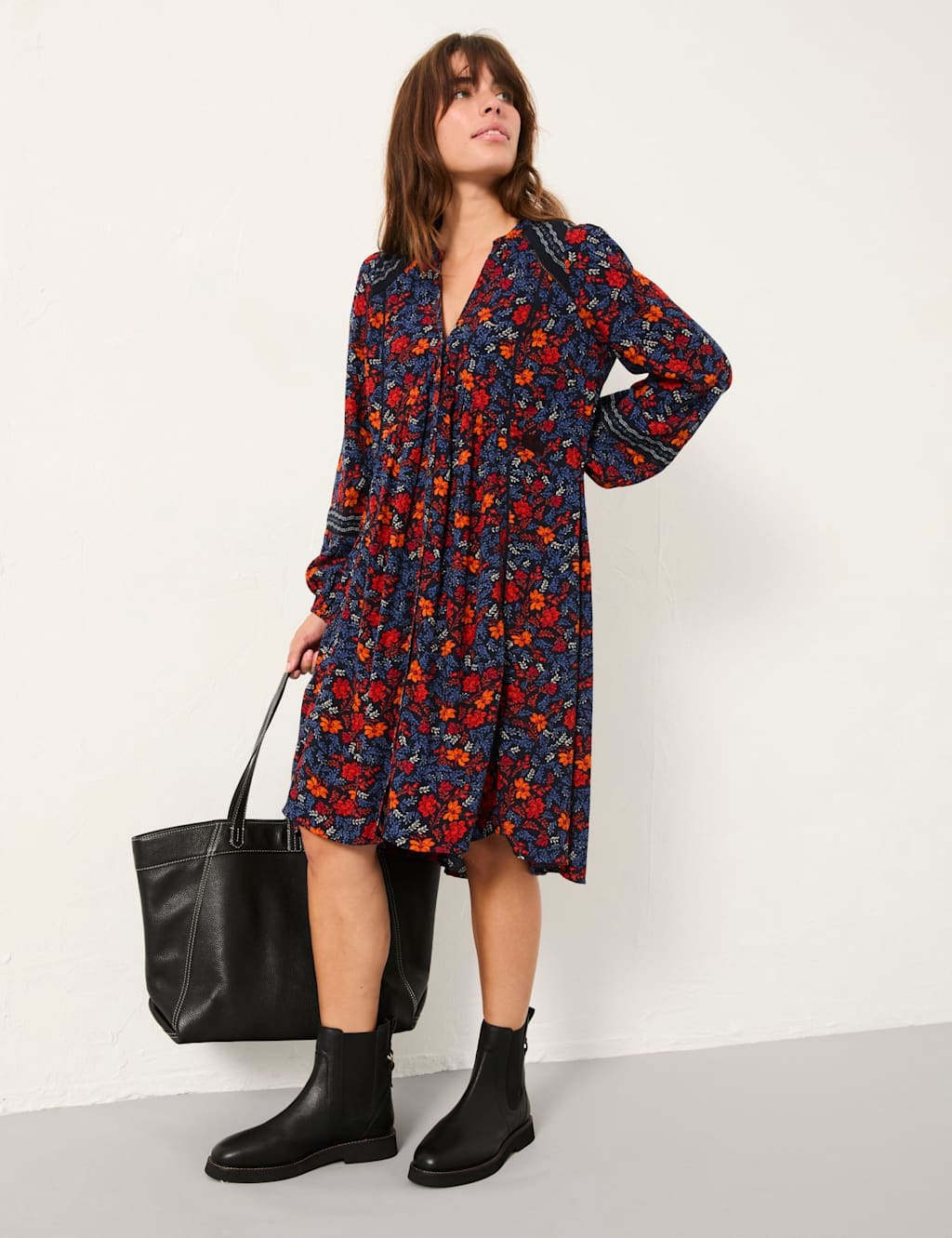 FatFace Floral Notch Neck Knee Length Waisted Dress Navy Mix
