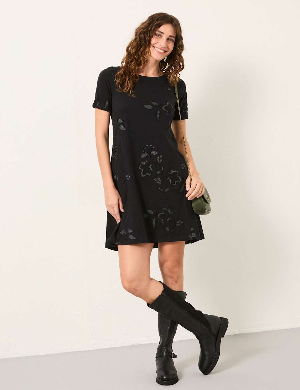 FatFace Pure Cotton Embroidered Mini Shift Dress Black Mix