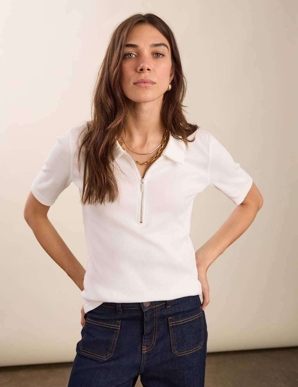 BAUKJEN Pure Cotton Ribbed Half Zip Top Soft White