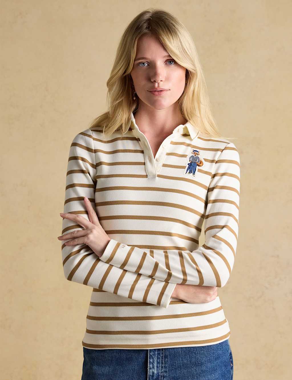 Joules Women's Cotton Rich Ribbed Striped Polo Shirt - 10 - Brown Mix - Available at M&S