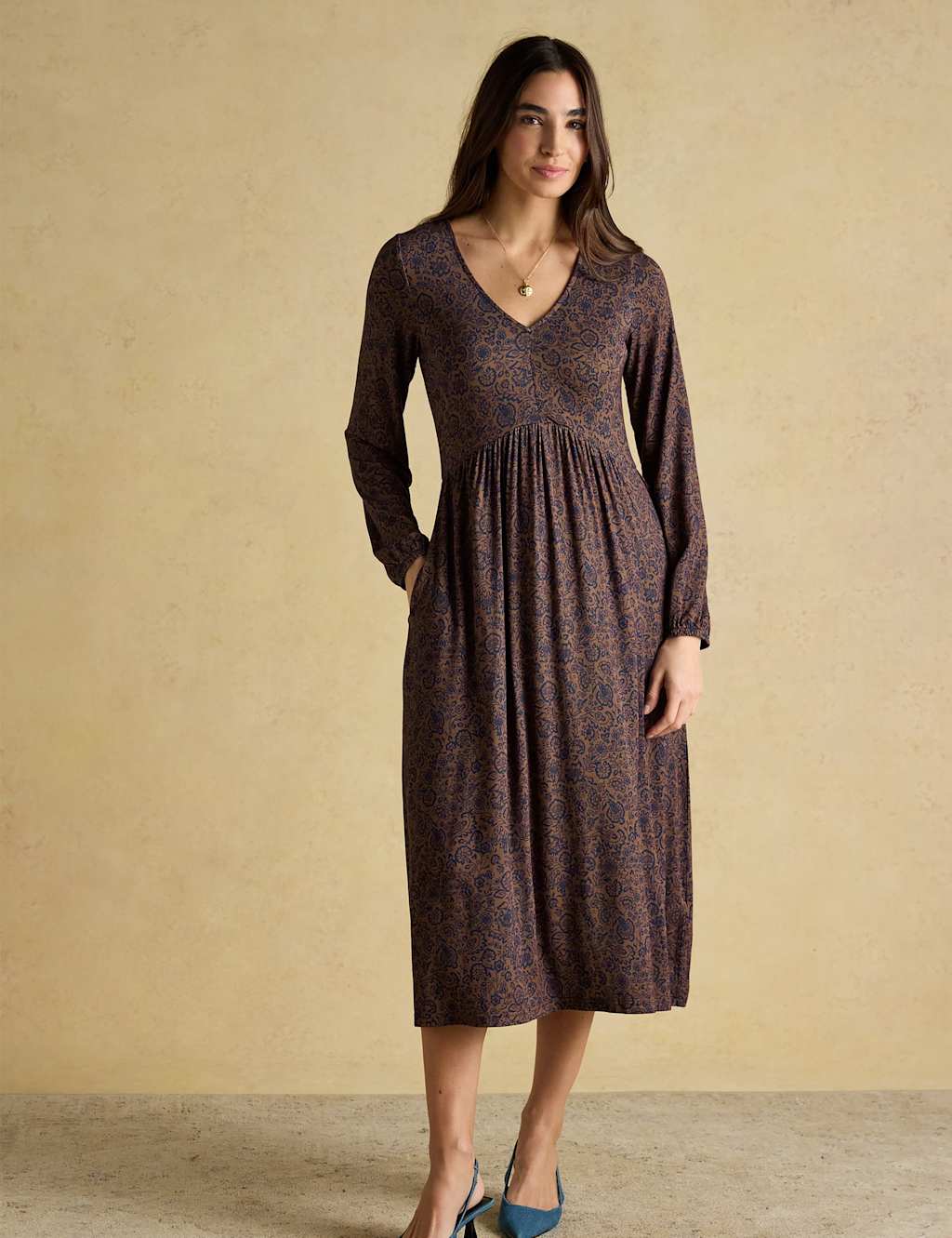 Joules Women's Jersey Floral V-Neck Midi Skater Dress - Large - Brown Mix - Available at M&S