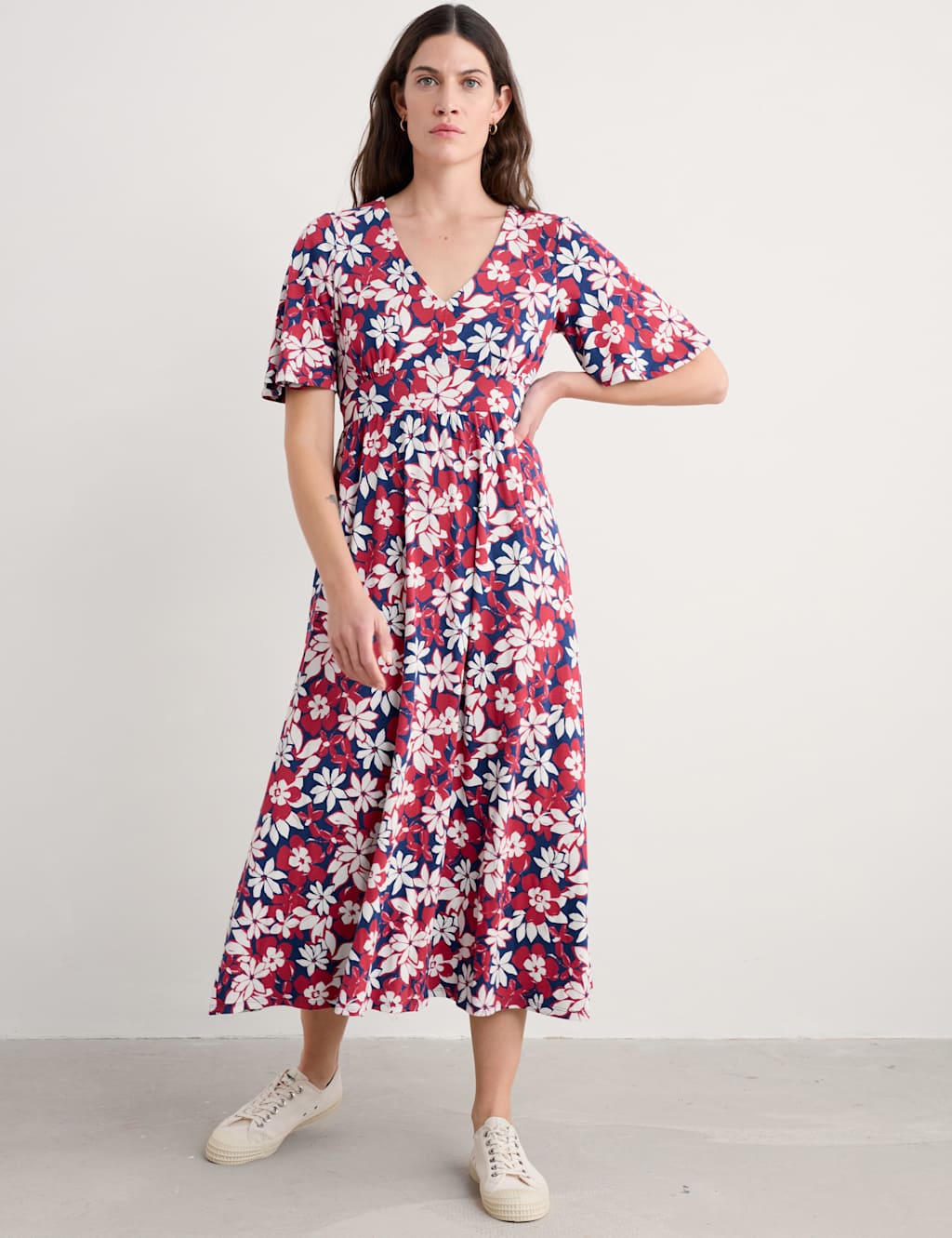Pure Cotton Floral V-Neck Midaxi Waisted Dress