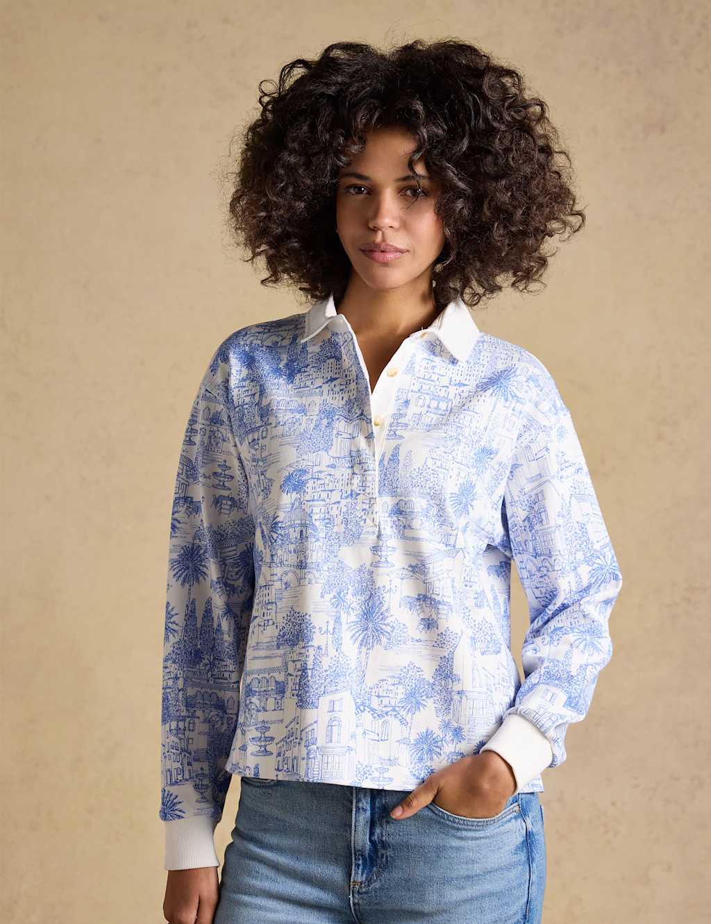 Joules Women's Pure Cotton Printed Rugby Top - 16 - Blue Mix - Available at M&S