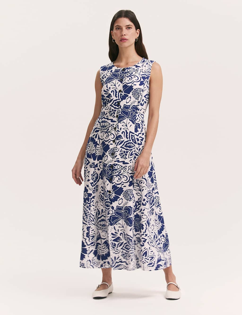 Finery London Women's Printed Button Through Midi Skater Dress - 10 - Navy Mix - Available at M&S