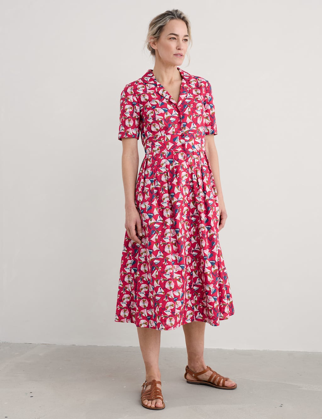 Pure Cotton Floral Collared Midi Shirt Dress