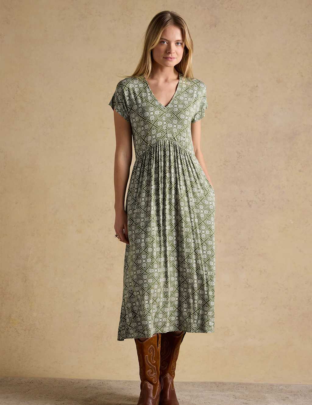 Joules Women's Jersey Geometric V-Neck Midi Skater Dress - Medium - Khaki Mix - Available at M&S
