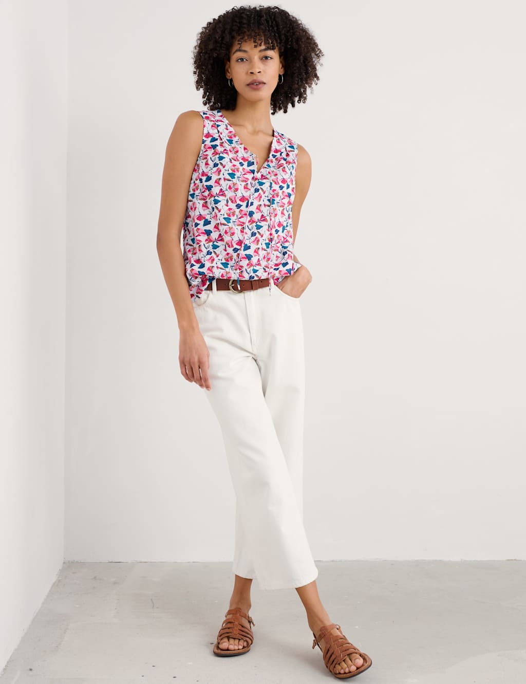 Pure Cotton Floral Tie-Neck Vest Top