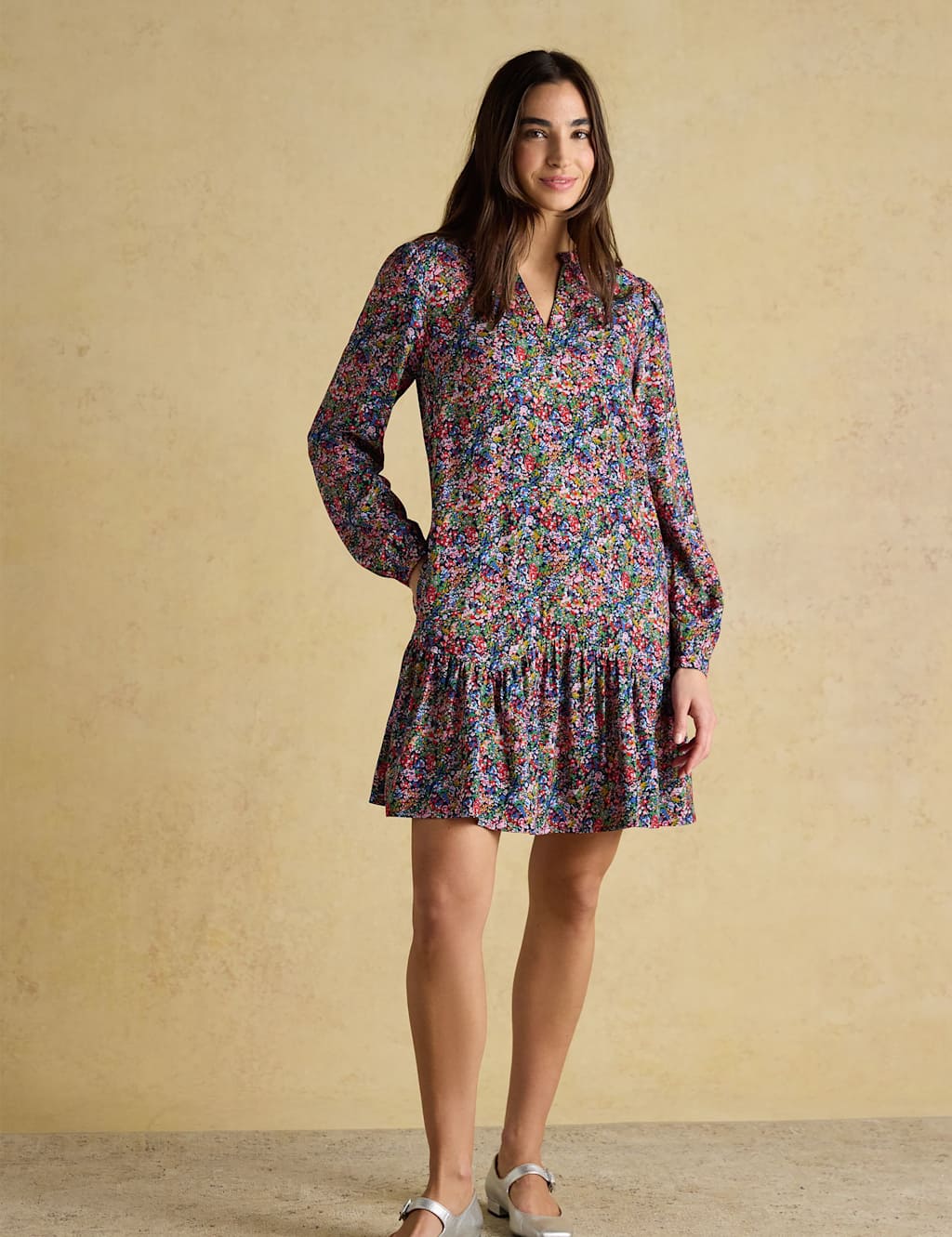 Joules Women's Ditsy Floral V-Neck Mini Drop Waist Dress - 10 - Navy Mix - Available at M&S