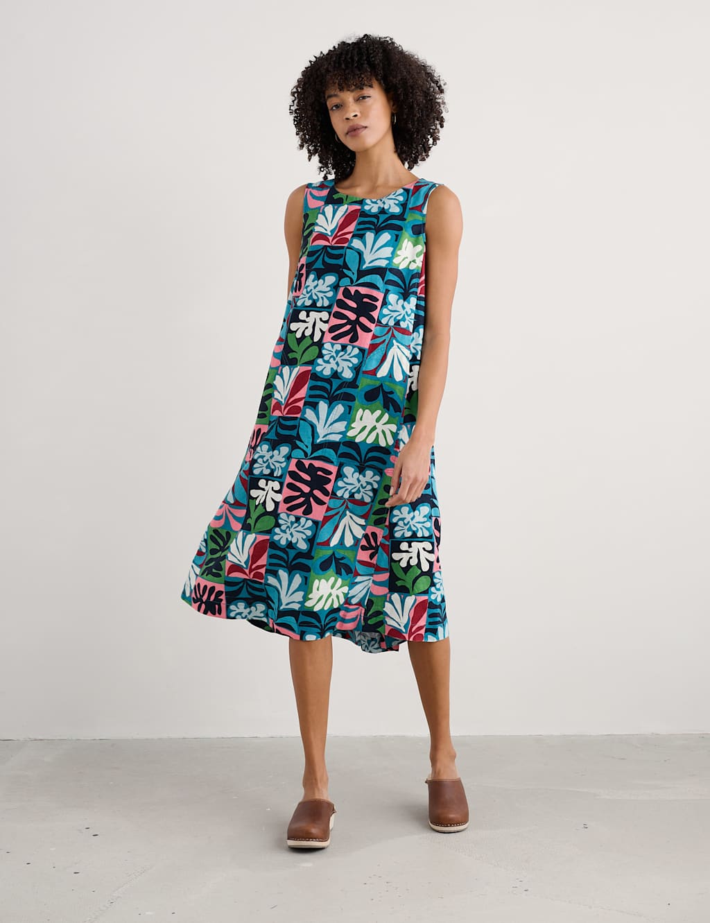 Pure Linen Floral Midi Swing Dress