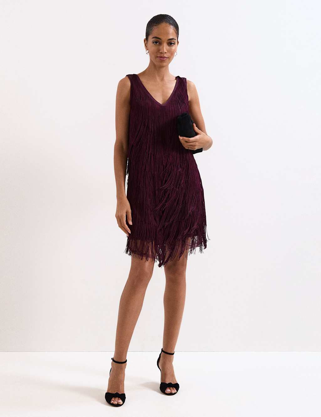 Phase Eight V-Neck Fringed Knee Length Shift Dress Burgundy
