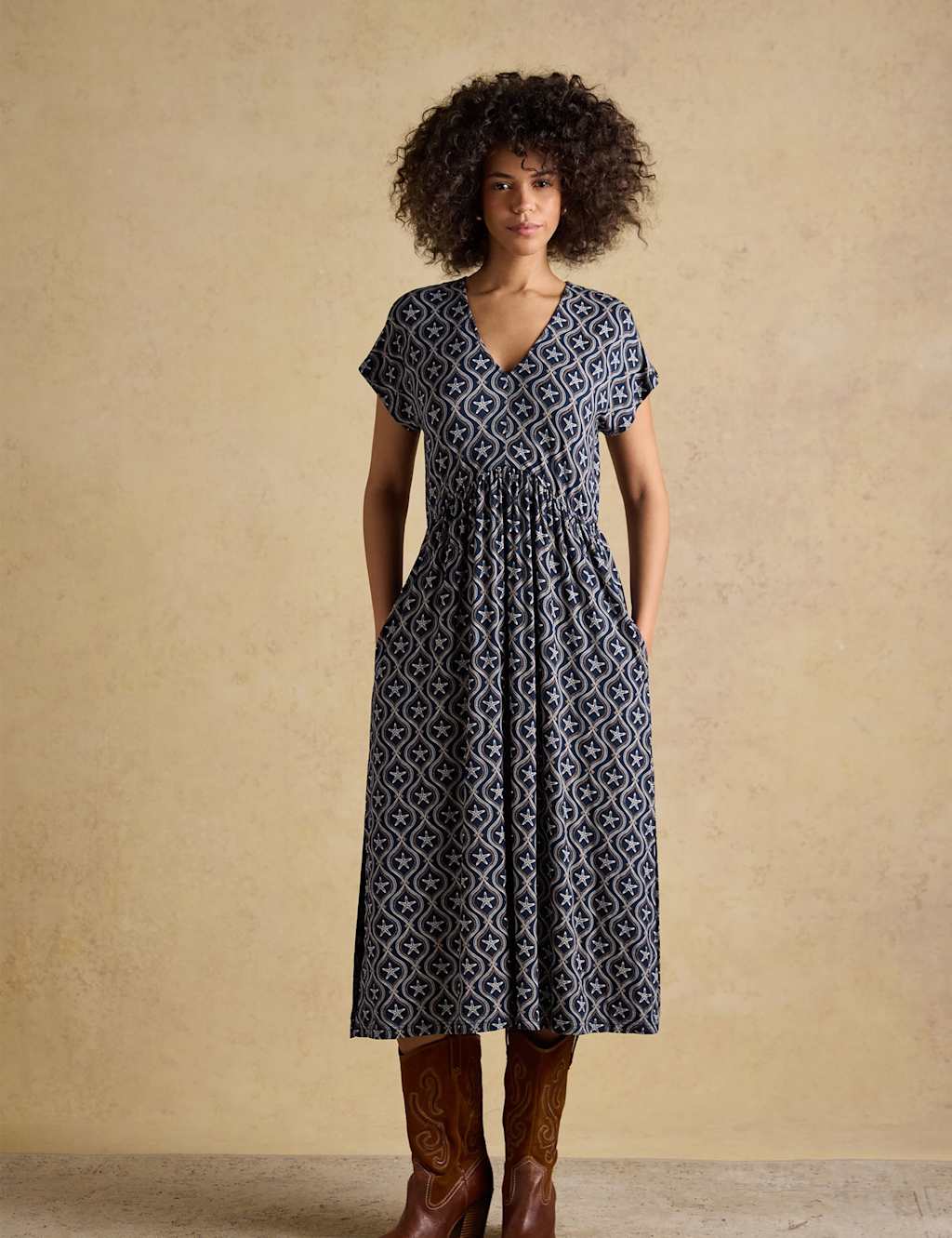 Joules Women's Printed V-Neck Midi Skater Dress - Extra Small - Navy Mix - Available at M&S