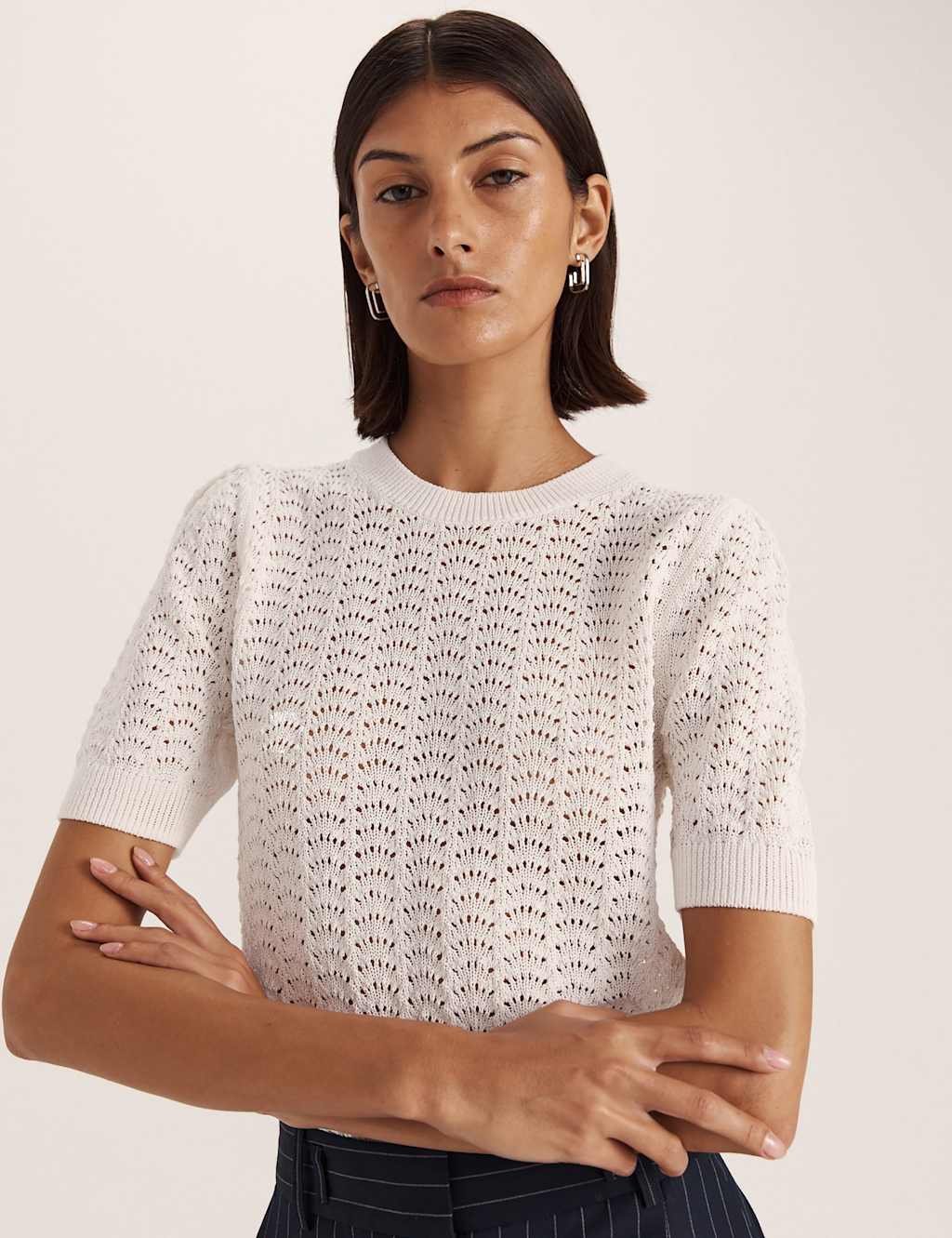 Saba Women's Cotton Rich Crochet Knit Top - Small - White - Available at M&S