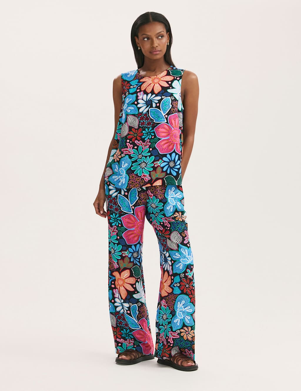 Finery London Women's Floral Drawstring Wide Leg Trousers - 10 - Blue Mix - Available at M&S