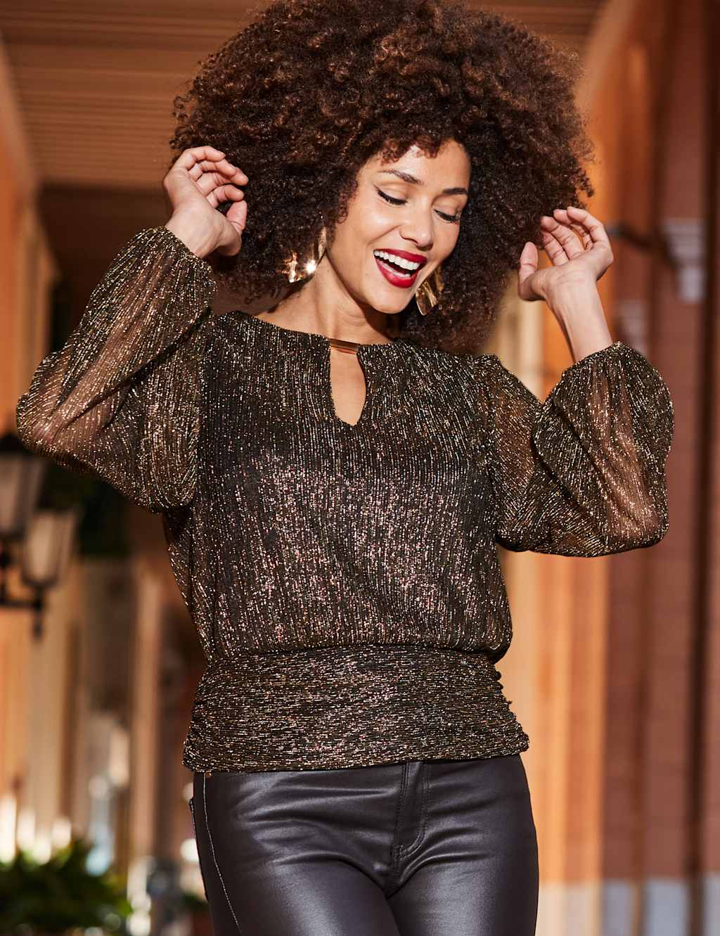 SOSANDAR Shimmer Plisse Key Hole Blouson Sleeve Top Brown