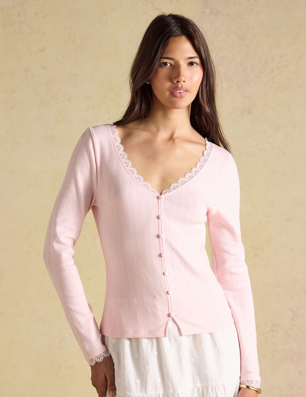 Joules Women's Cotton Rich Lace Insert Button Front Top - 10 - Pink - Available at M&S